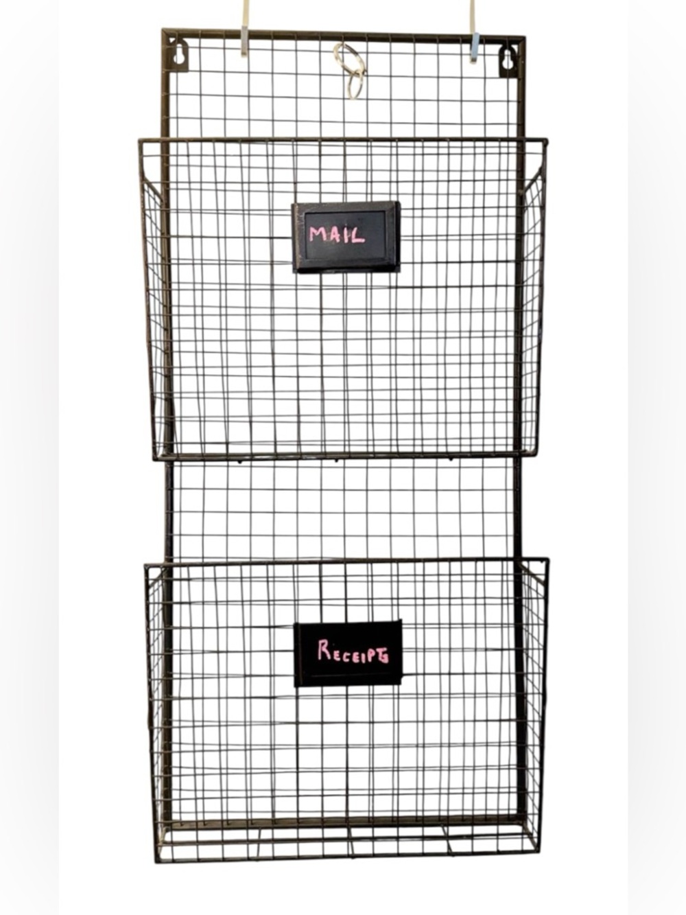 Metal Wall Organizer with Two Wire Bins - Black/brown metal